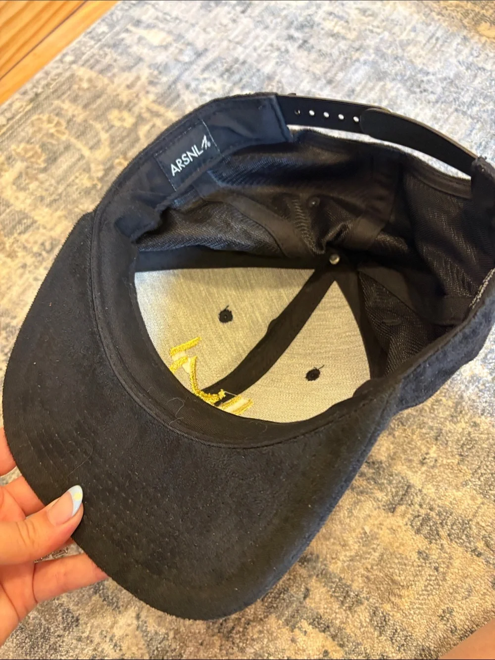 Black Suede-Look Baseball Hat with Gold Script